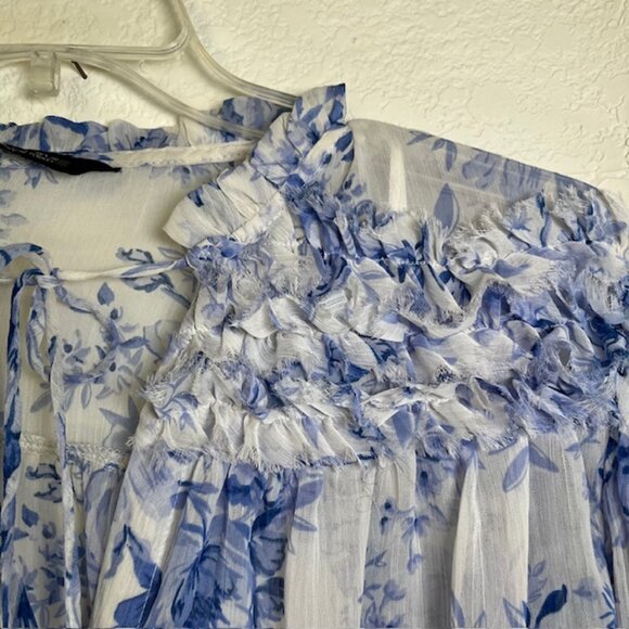 Zara Blue & White Floral Ruffle Trimmed Long Sleeved Blouse- Size L - Picture 2 of 9